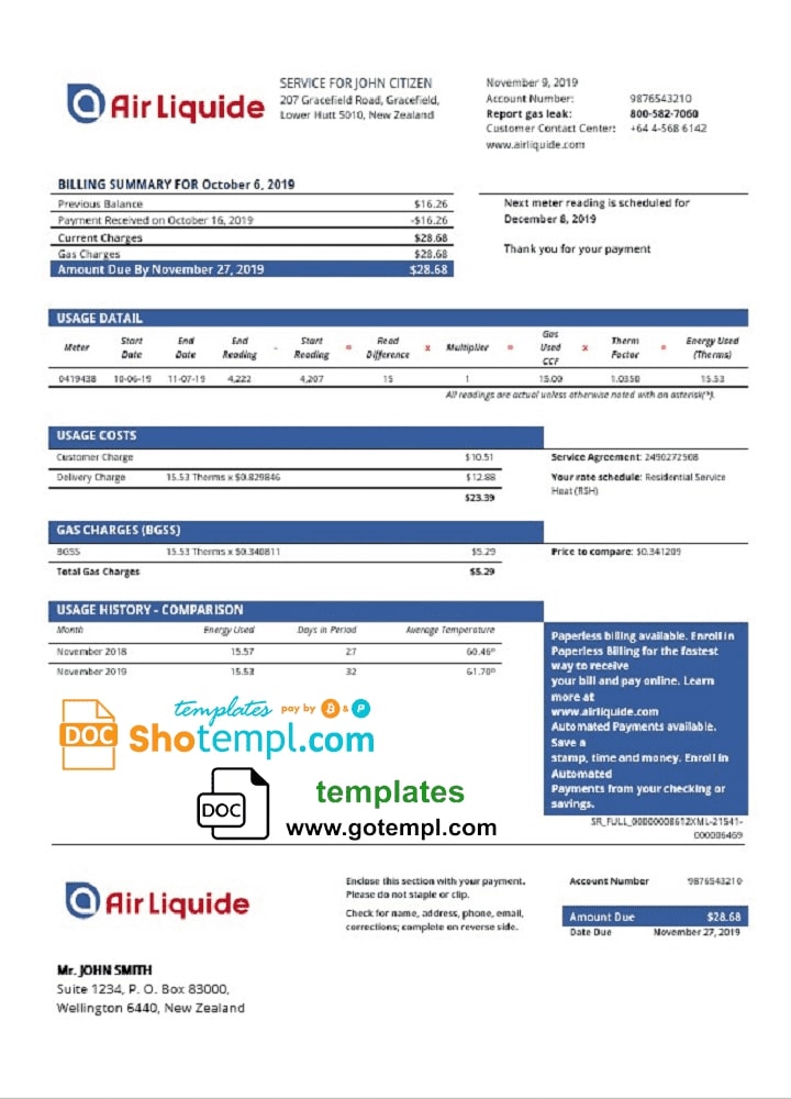 New Zealand Air Liquide gas utility bill template in Word and PDF format